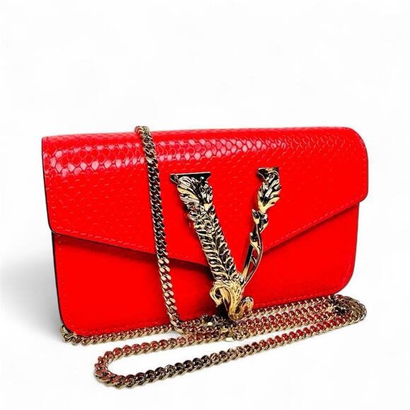 NWT Versace Virtus Gold Engraved Coral Red Leather Mini Evening Crossbody Bag - Picture 4 of 11